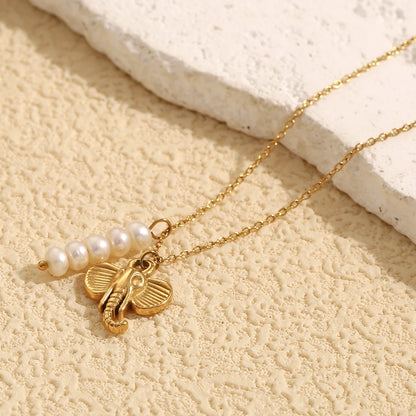 MamacitaSlay Stainless Steel Pearl Elephant Necklace Vacation Party Waterproof Jewelry Women's Charm High Quality Neck Jewelry