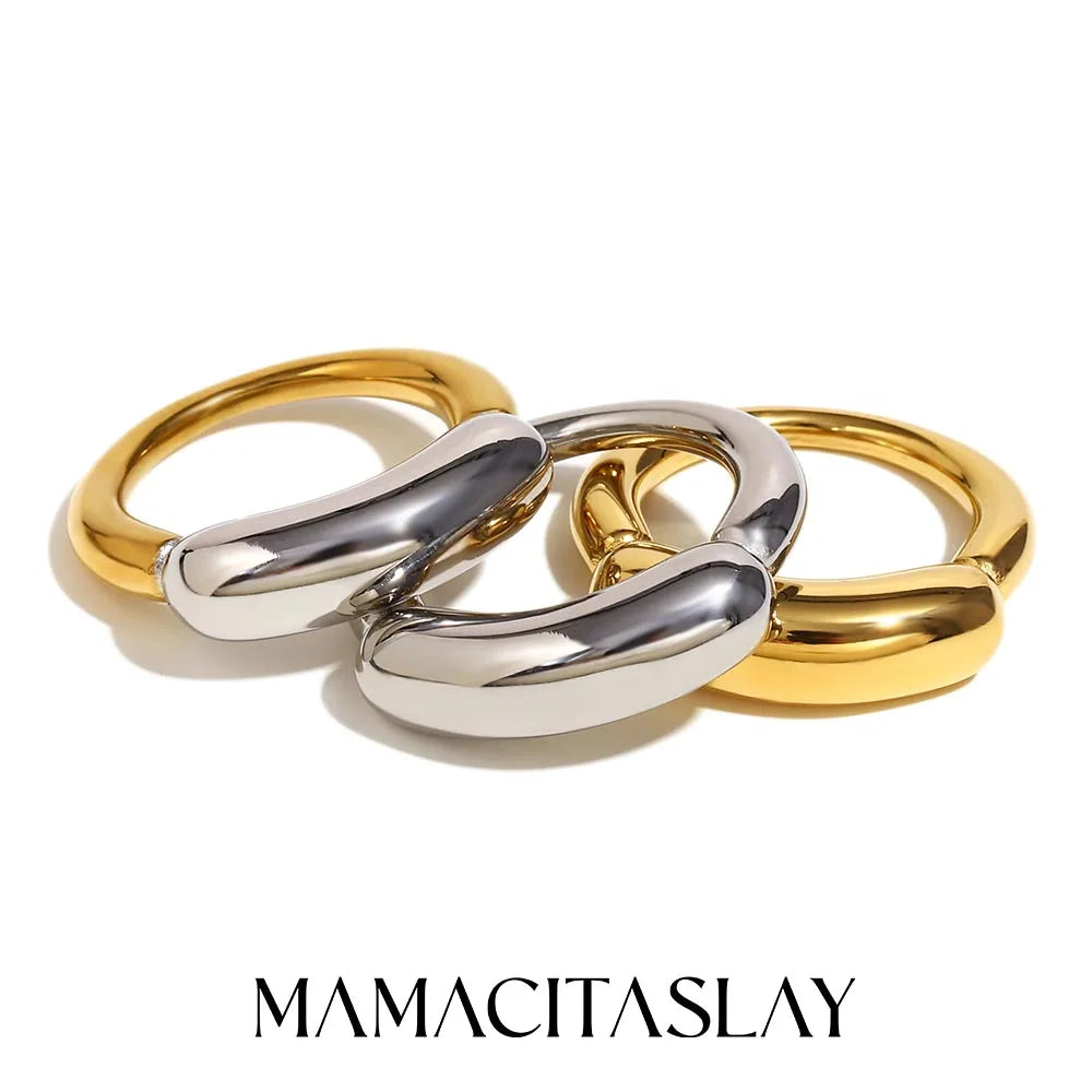 MamacitaSlay 316L Stainless Steel Mixed Color Line Smile Ring 18K Gold Plated Waterproof Jewelry For Women Trendy Daily Wear