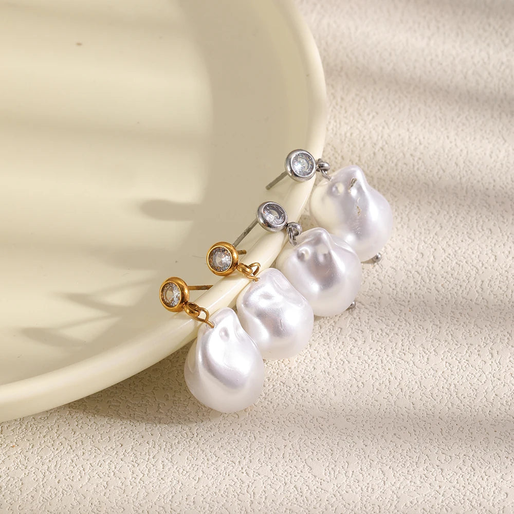 MamacitaSlay 316L Stainless Steel Zircon Baroque Pearl Earrings Necklace 18K Gold Plated Waterproof Jewelry Set For Women Gift