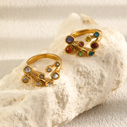 MamacitaSlay 316L Stainless Steel Multicolor CZ Branch Shape Open Ring 18K Gold Plated Waterproof Jewelry For Women Party Gift
