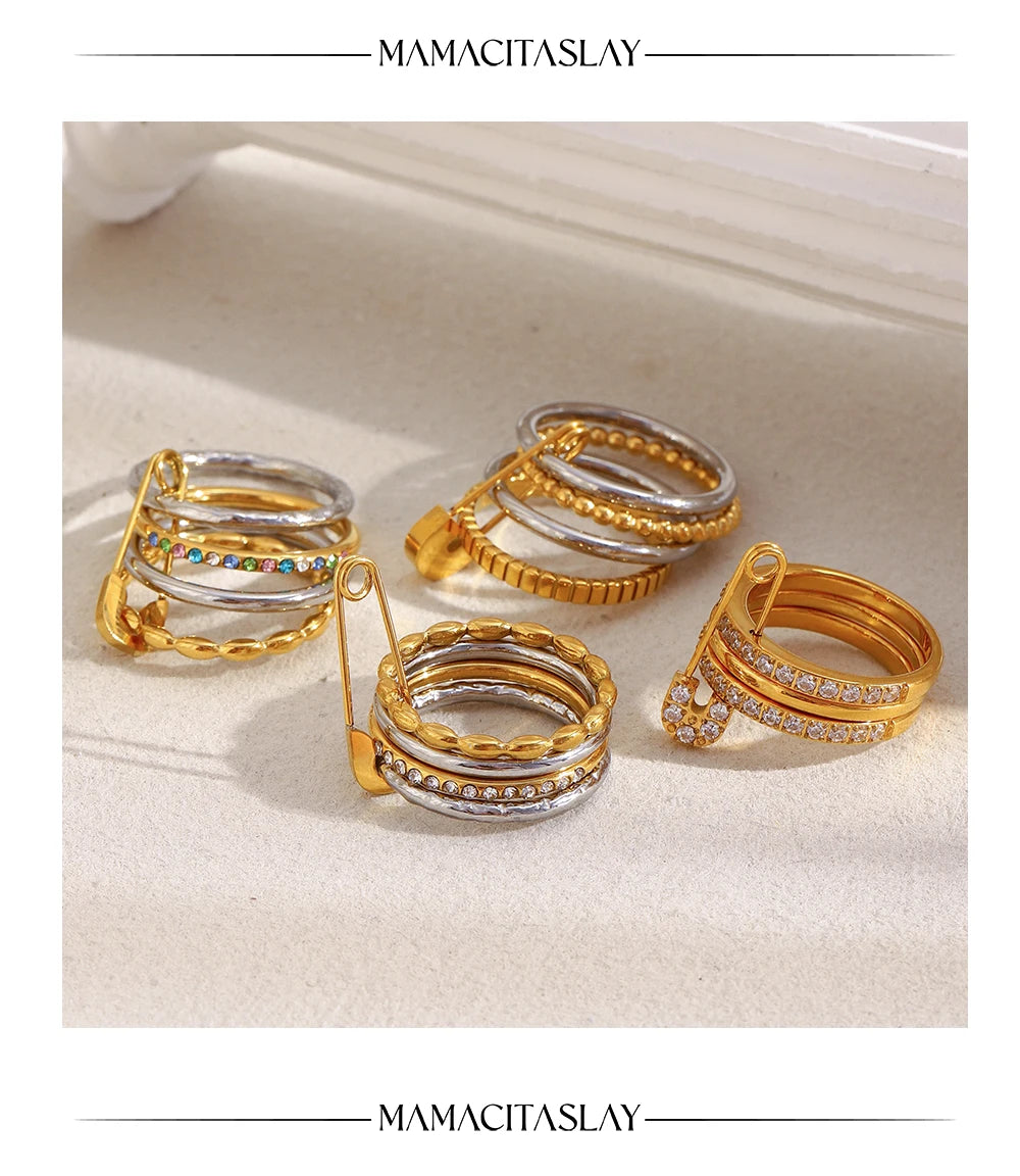 MamacitaSlay 316L Stainless Steel Zircon Mixed Color Multilayer Paperclip Ring Party Waterproof Jewelry Women's Unique Ring Gift