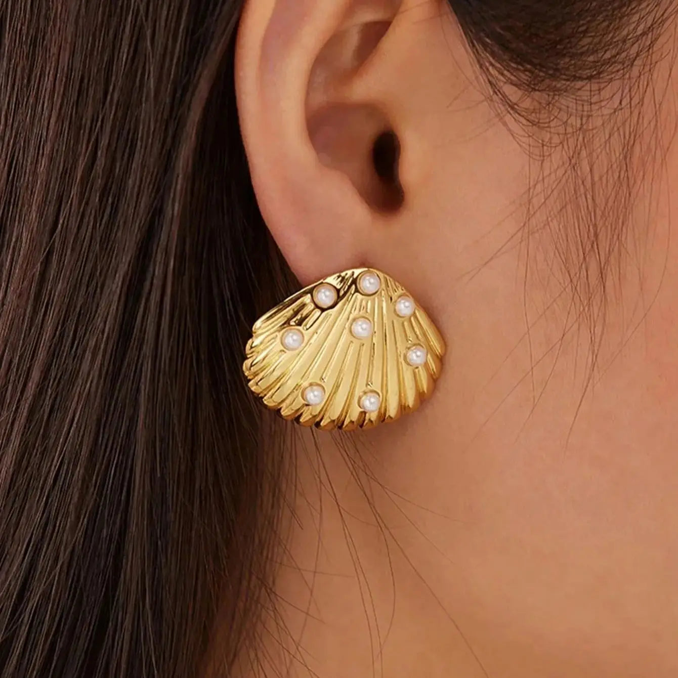 Golden Shell Pearl Stud Earrings