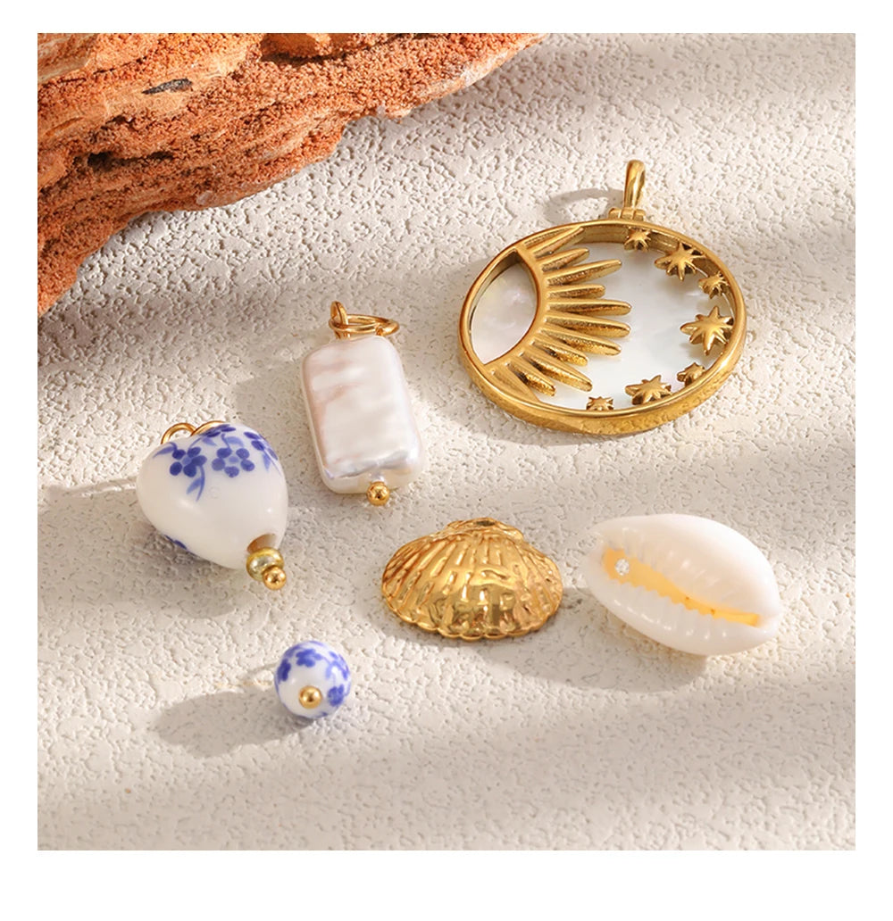 MamacitaSlay 18K Gold Plated Shell Moon Star Charm 316L Stainless Steel Ceramic Beads For DIY Earrings Bracelet Necklace Making