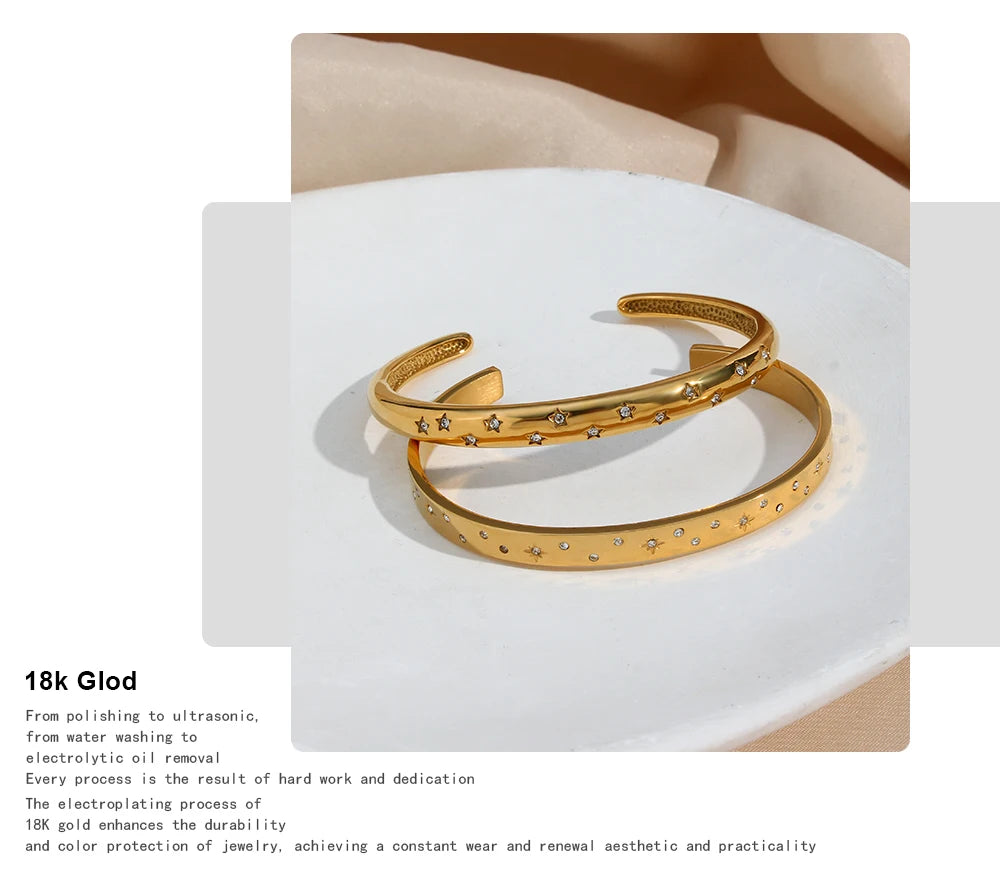18K Gold Plated Deliacte Luxury Colorful Zircon Shiny Stars Cuff Bangles High Quality Waterproof Jewelry Bracelets for Women