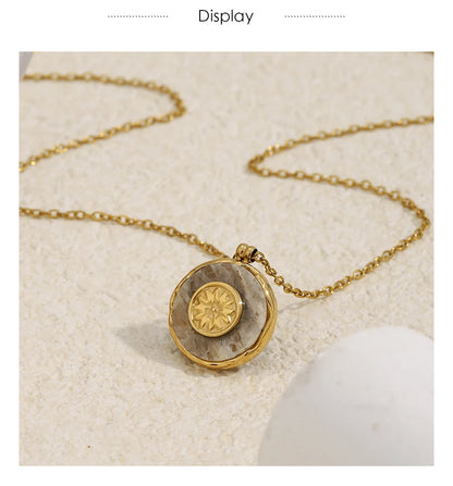 MamacitaSlay 316L Stainless Steel Marble Round Sun Necklace 18K Gold Plated Waterproof Jewelry Women's Minimalist Retro Necklace