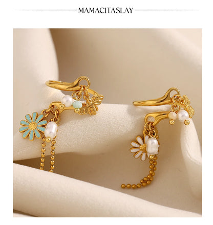 MamacitaSlay 316L Stainless Steel Pearl Flower Insect Tassel Ring Creative Waterproof Jewelry Women's Elegant Adjustable Ring