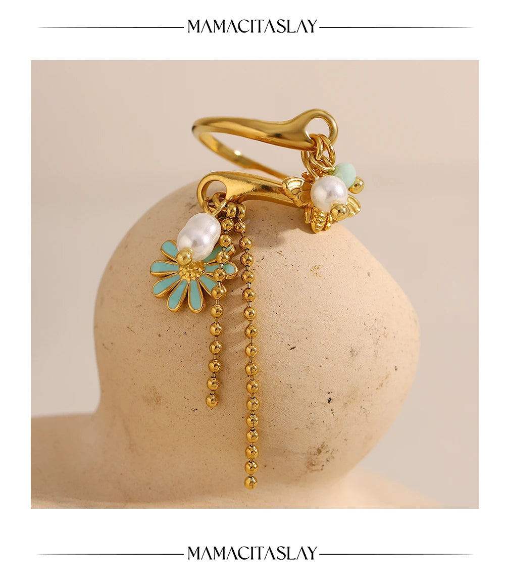MamacitaSlay 316L Stainless Steel Pearl Flower Insect Tassel Ring Creative Waterproof Jewelry Women's Elegant Adjustable Ring