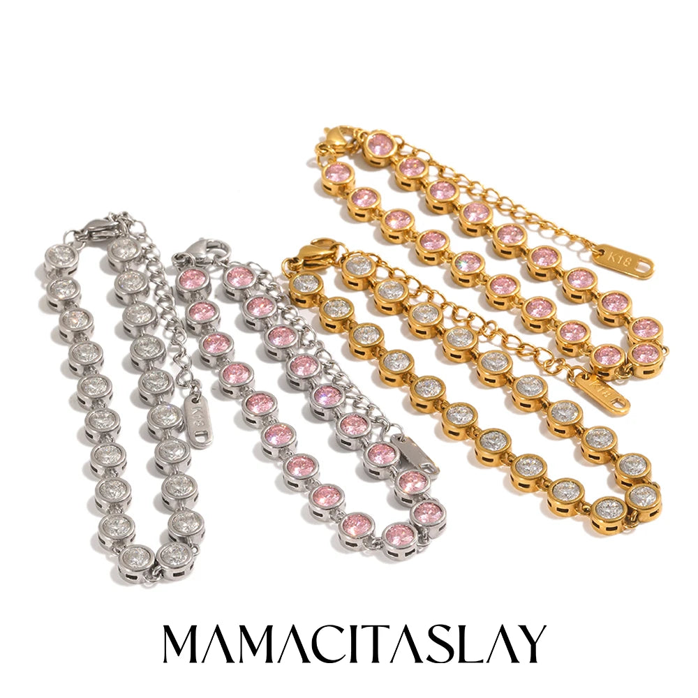 MamacitaSlay 316LStainlessSteel Round Zircon Tennis Bracelet 18K Gold Plated Waterproof Jewelry For Women Wedding Dating Jewelry