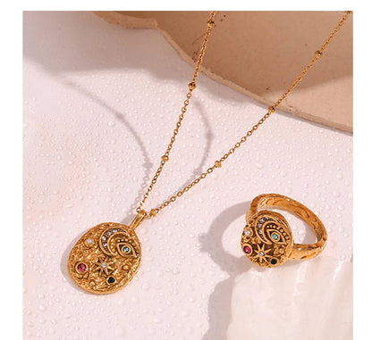 MamacitaSlay Unique 316L Stainless Steel Star Moon Evil Eye Zircon Necklace Ring 18K Gold Plated Waterproof Jewelry For Women