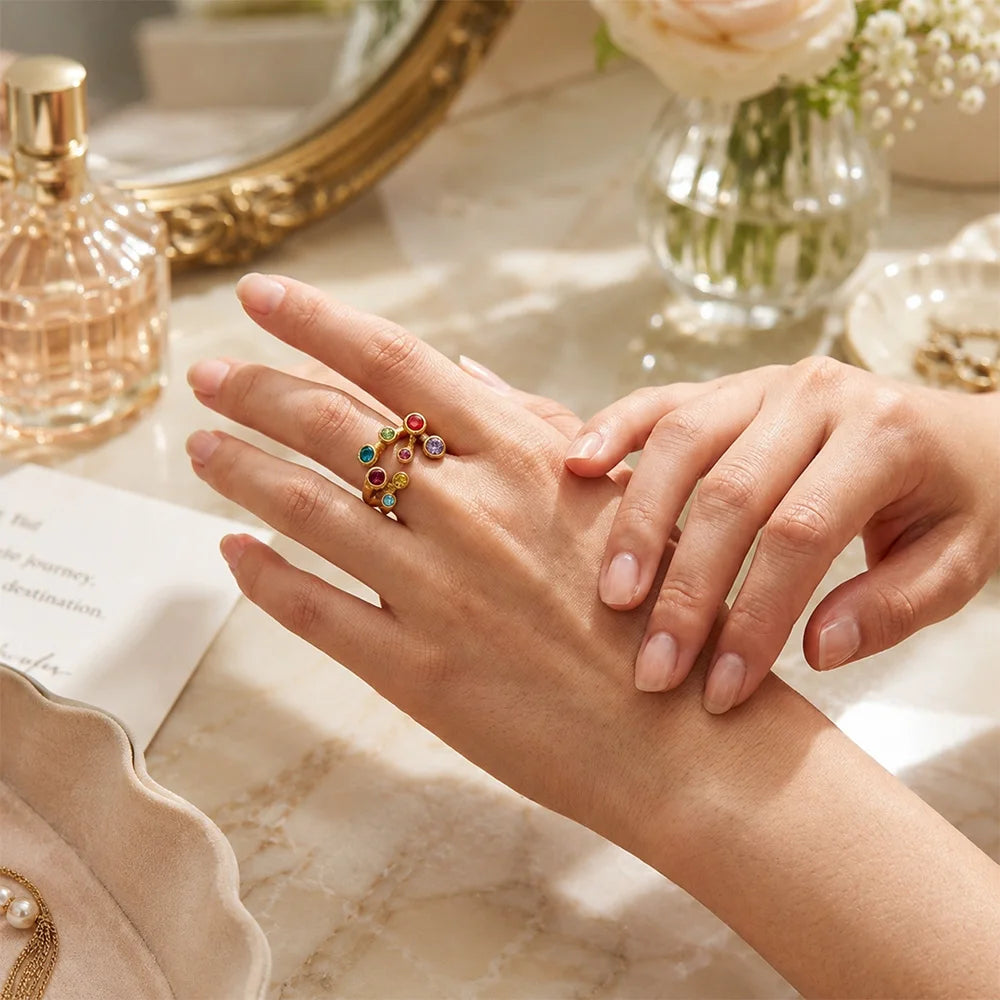 MamacitaSlay 316L Stainless Steel Multicolor CZ Branch Shape Open Ring 18K Gold Plated Waterproof Jewelry For Women Party Gift