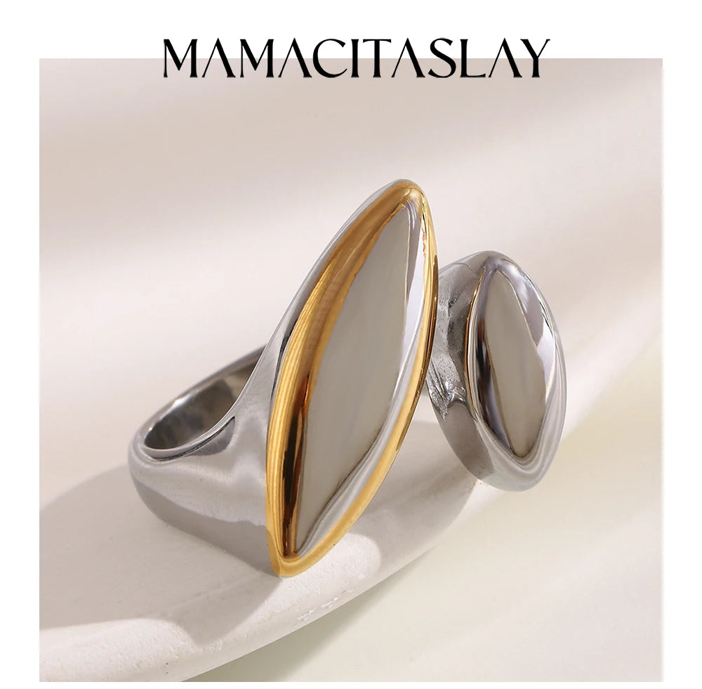 MamacitaSlay 316L Stainless Steel Two Tone Asymmetric Oval Opening Ring Party Waterproof Jewelry Women's Unique Cool Ring Gift