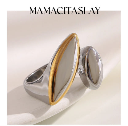 MamacitaSlay 316L Stainless Steel Two Tone Asymmetric Oval Opening Ring Party Waterproof Jewelry Women's Unique Cool Ring Gift