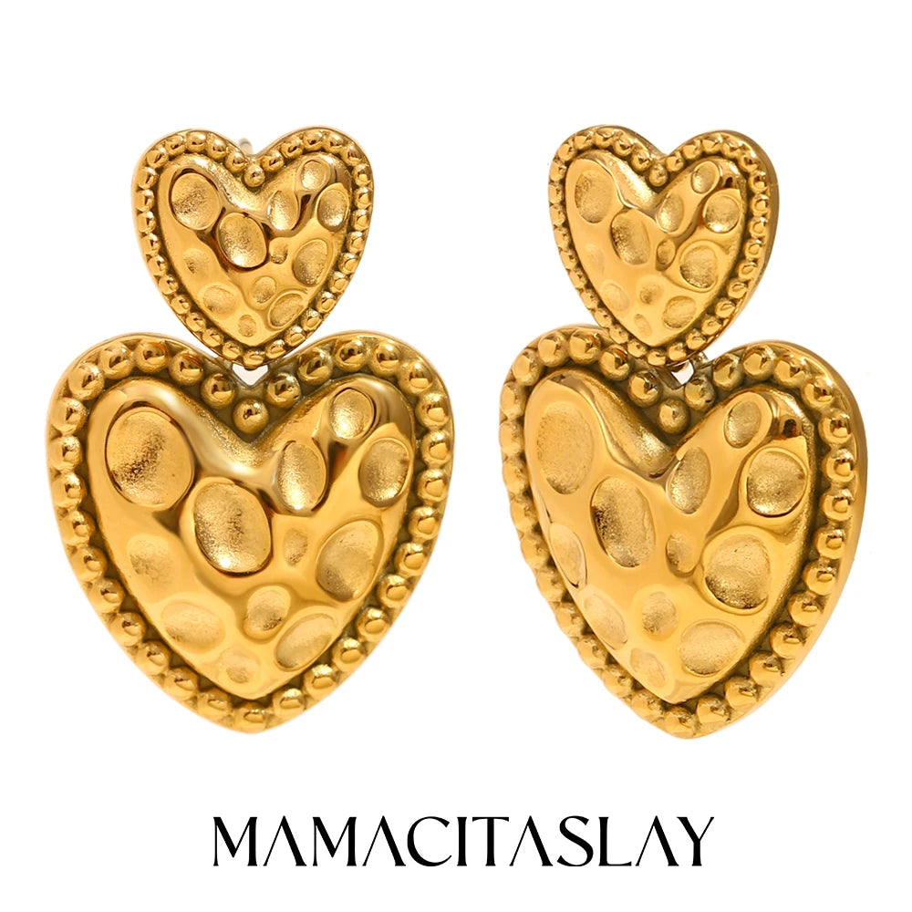 MamacitaSlay Vintage 316L Stainless Steel Hammered Double Heart Earrings 18K Gold Plated Waterproof Jewelry For Women Daily Wear