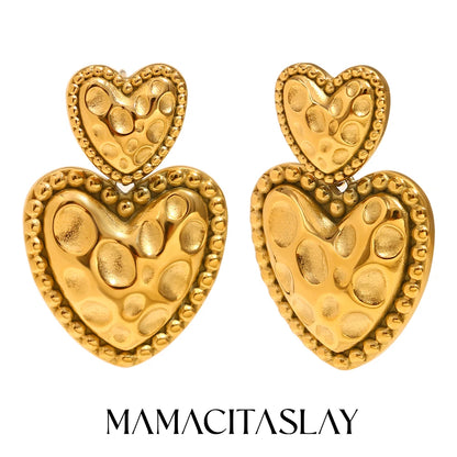 MamacitaSlay Vintage 316L Stainless Steel Hammered Double Heart Earrings 18K Gold Plated Waterproof Jewelry For Women Daily Wear