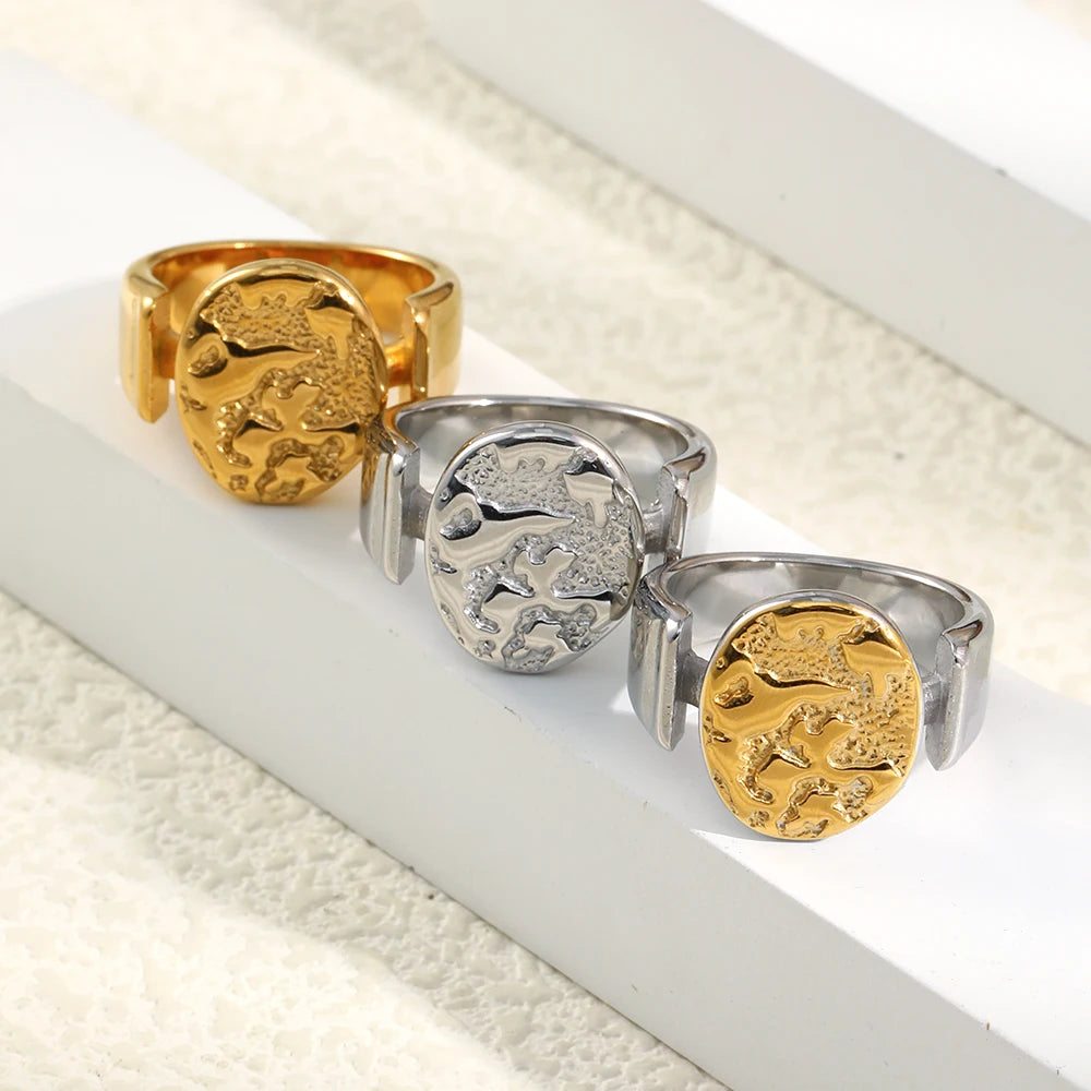 MamacitaSlay 316L Stainless Steel Mixed Color Planet Relief Oval Ring 18K Gold Plated Waterproof Jewelry Women's Unique Ring