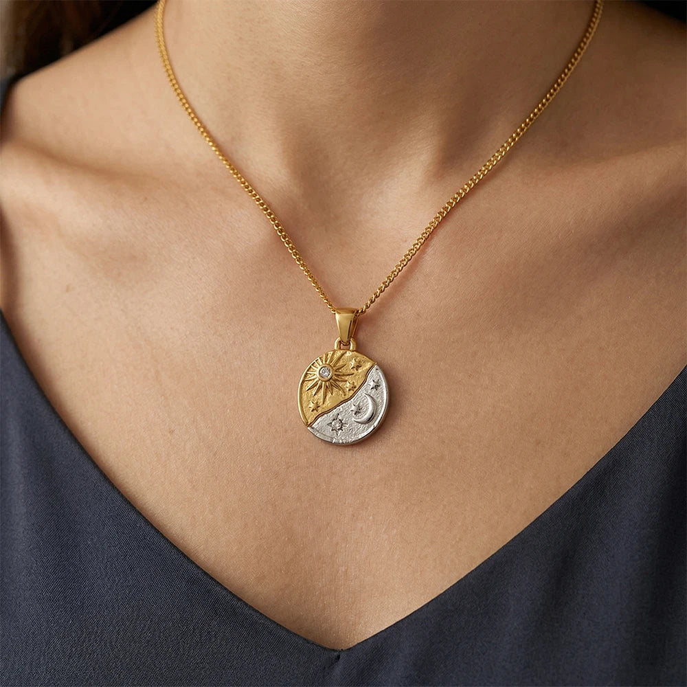 MamacitaSlay 316L Stainless Steel Zircon Celestial Sun Moon Star Pendant Necklace 18K Gold Plated Waterproof Jewelry For Women