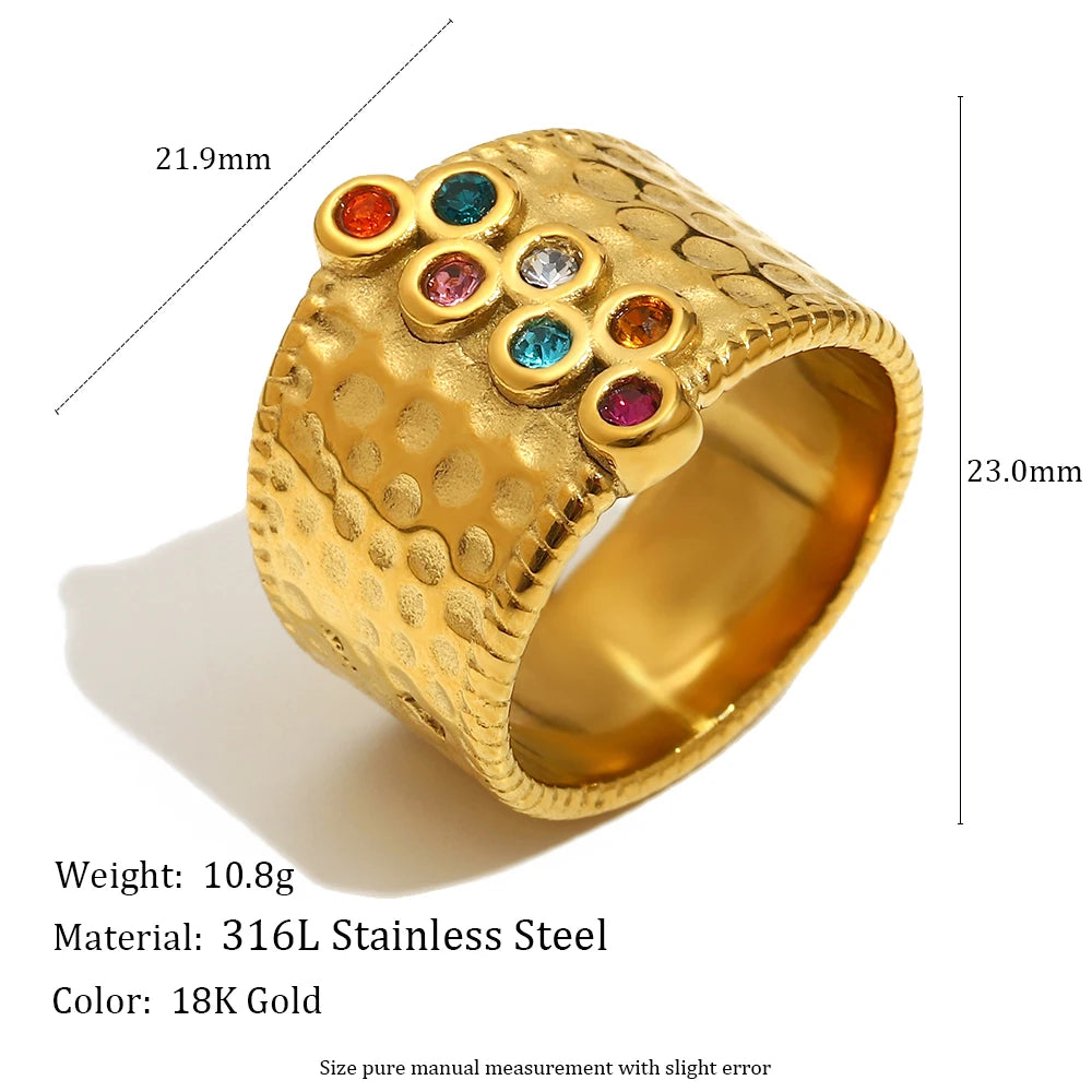 MamacitaSlay 316L Stainless Steel Multi Colored Zircon Hammer Patterned Wide Ring Party Waterproof Jewelry Women's Charm Ring