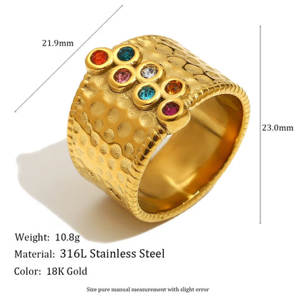 MamacitaSlay 316L Stainless Steel Multi Colored Zircon Hammer Patterned Wide Ring Party Waterproof Jewelry Women's Charm Ring