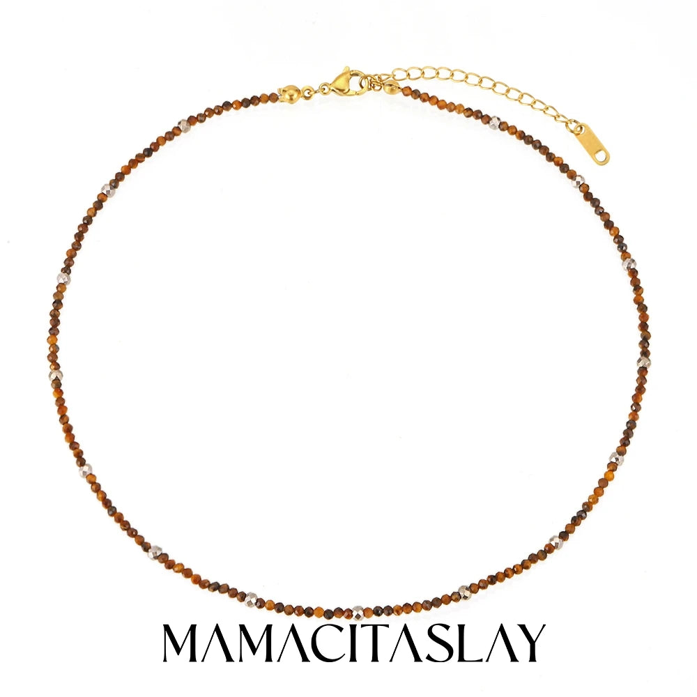 MamacitaSlay 316L Stainless Steel Natural Stone Necklace Elastic Rope Bracelet Handmade Waterproof Jewelry Women's Classic Gift
