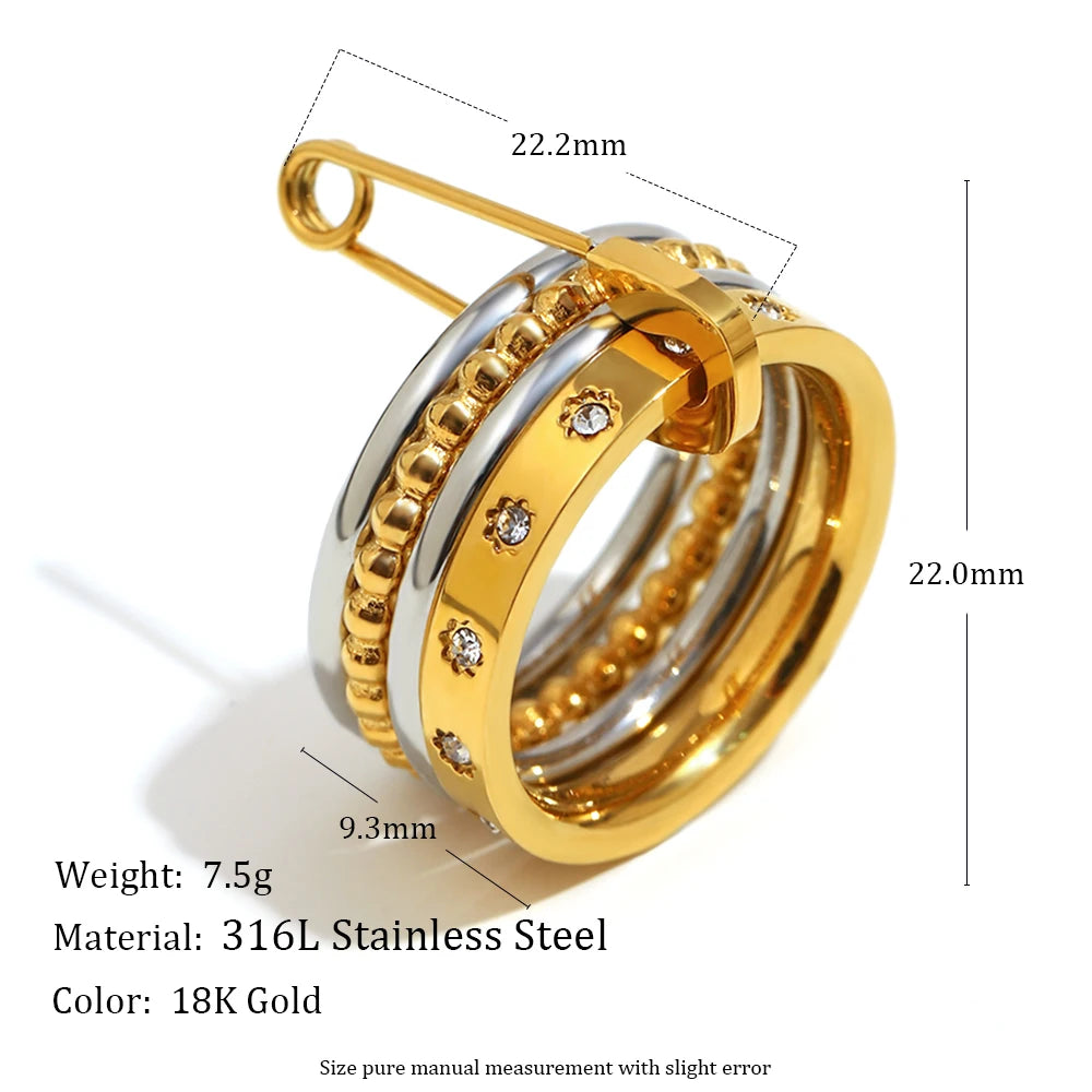 MamacitaSlay 316L Stainless Steel Zircon Mixed Color Multilayer Paperclip Ring Party Waterproof Jewelry Women's Unique Ring Gift