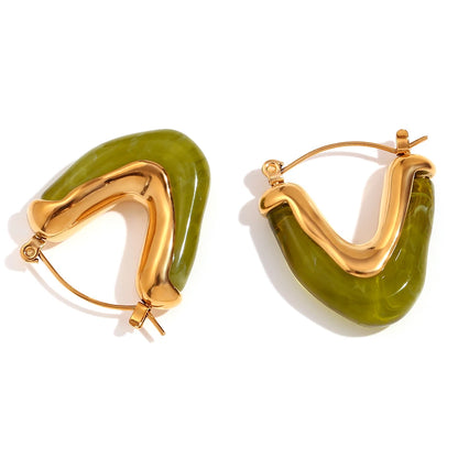 MamacitaSlay 316L Stainless Steel Resin V Shape Hoop Earrings 18K Gold Plated Waterproof Jewelry For Women Statement Earrings