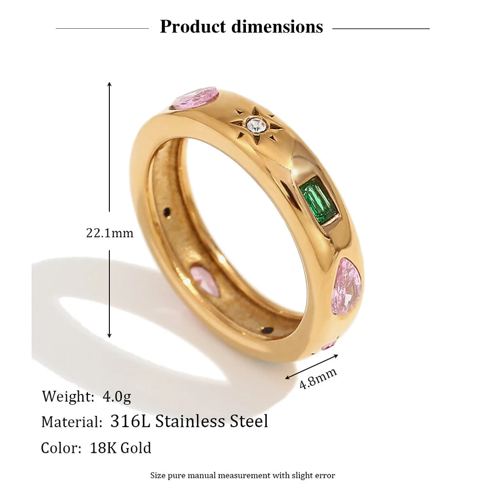 MamacitaSlay 316L Stainless Steel Multicolor Zircon Ring Waterproof 18K Gold Plated Jewelry For Women's Classic Ring Gift 2026
