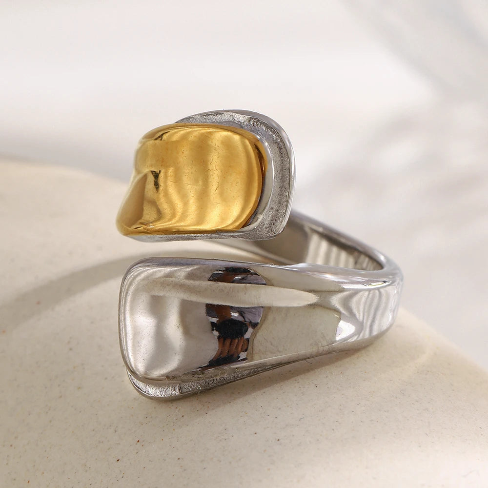 MamacitaSlay 316L Stainless Steel Two Tone Asymmetric Opening Ring Party Waterproof Jewelry Women's Unique Cool Creative Gift