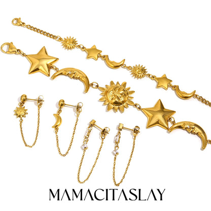 MamacitaSlay 316L Stainless Steel Sun Moon Star Bracelet Earrings Waterproof 18K Gold Plated Jewelry Creative Accessories Gift