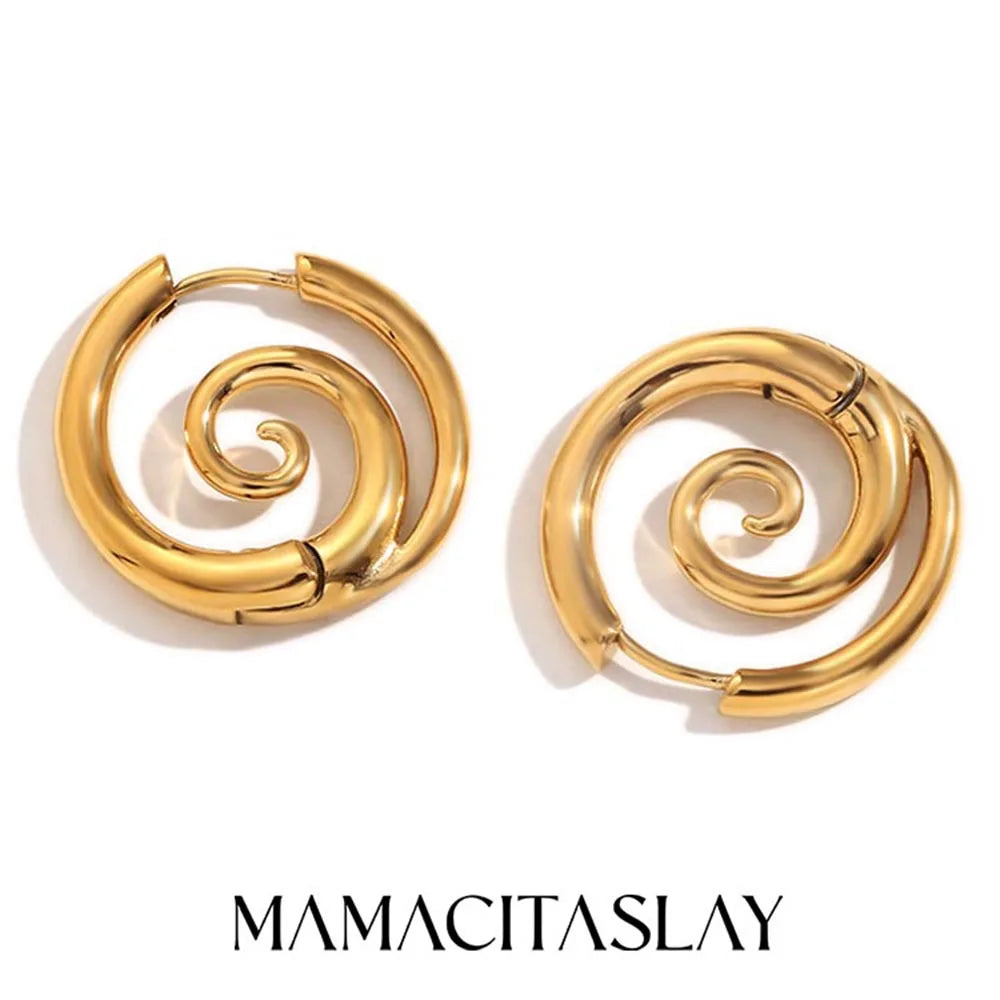 MamacitaSlay New Design Round Spiral Hoop Earrings Trendy Waterproof Jewelry 18k-gold-plated Stainless Steel Statement Earrings