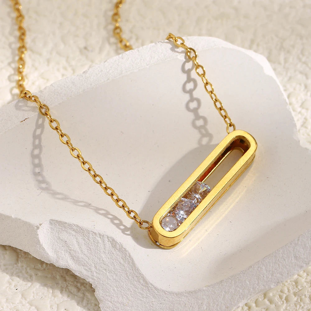 MamacitaSlay 316L Stainless Steel Movable Zircon Rectangular Pendant Waterproof 18K Gold Plated Jewelry Women's Elegant Necklace