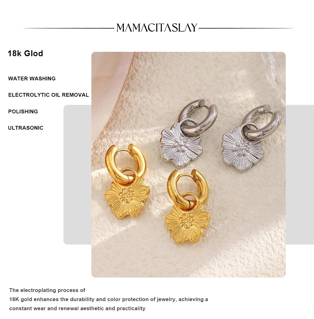 MamacitaSlay 316L Stainless Steel Flower Hoop Earrings 18K Gold Plated Waterproof Jewelry Women's Elegant Statement Earrings