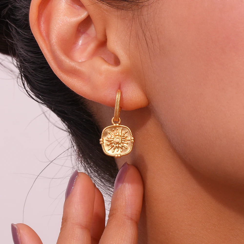 MamacitaSlay 316L Stainless Steel Vintage Sun Medallion Earrings 18K Gold Plated Waterproof Jewelry For Women Trendy Earrings