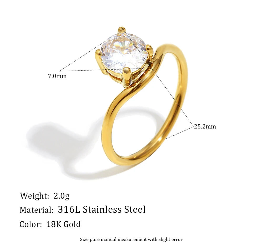 MamacitaSlay 316L Stainless Steel Water Drop Circular Triangle Zircon Wave Ring 18K Gold Plated Waterproof Jewelry For Women