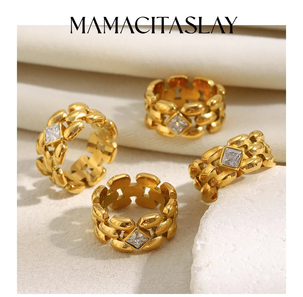 MamacitaSlay 316L Stainless Steel Zircon Hollow Out Ring 18K Gold Plated Waterproof Jewelry Women's High Quality Ring 2025 Gift
