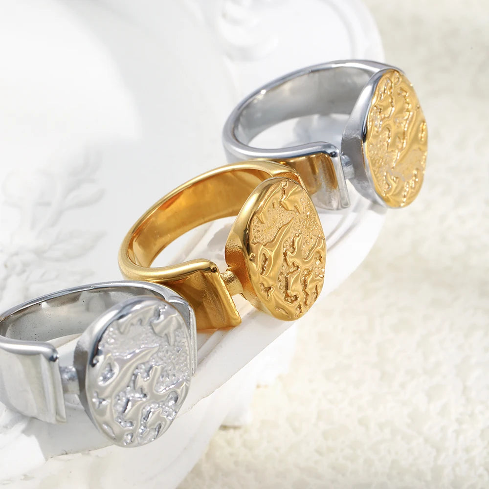 MamacitaSlay 316L Stainless Steel Mixed Color Planet Relief Oval Ring 18K Gold Plated Waterproof Jewelry Women's Unique Ring
