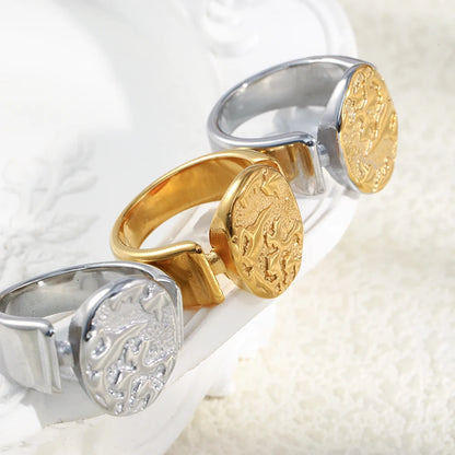 MamacitaSlay 316L Stainless Steel Mixed Color Planet Relief Oval Ring 18K Gold Plated Waterproof Jewelry Women's Unique Ring