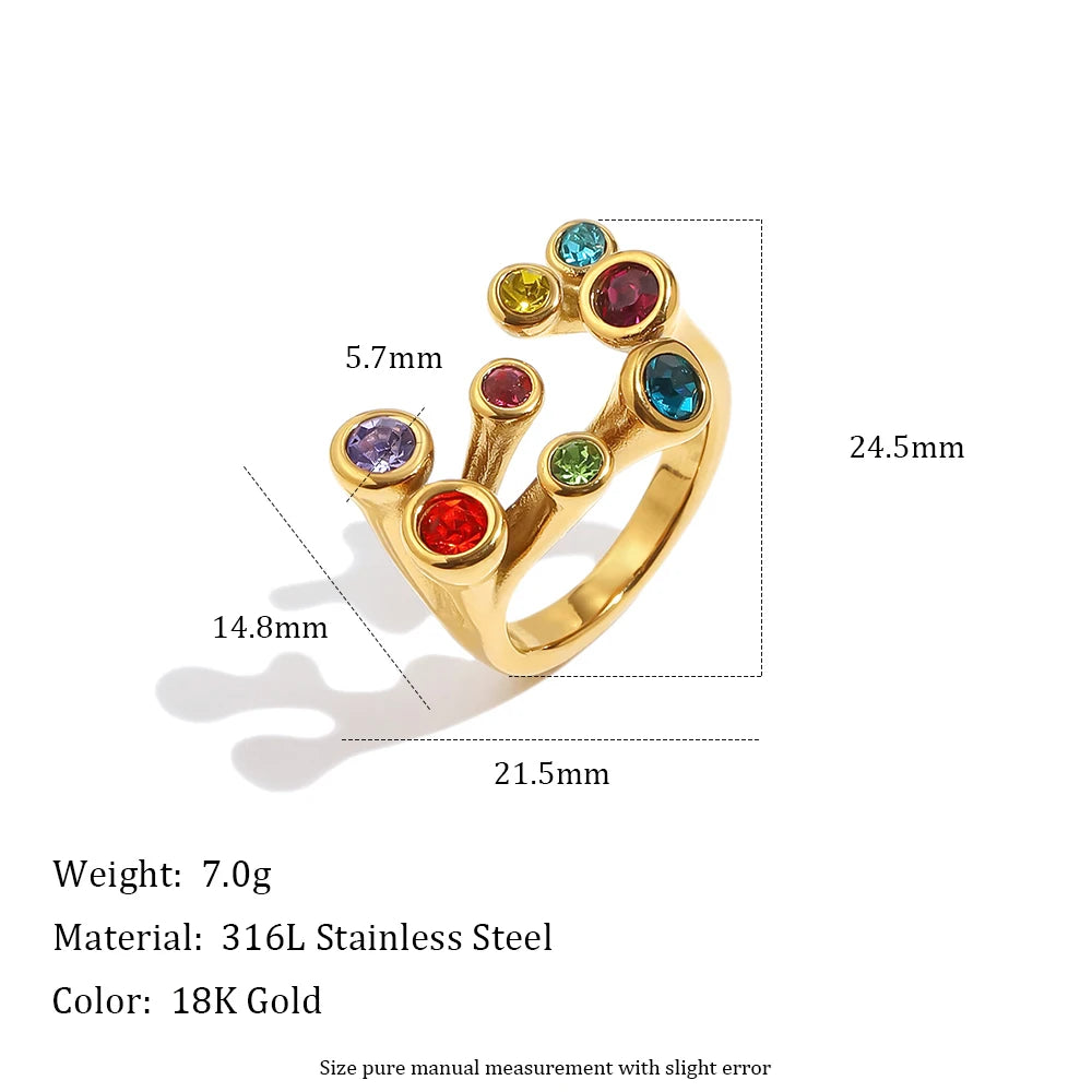 MamacitaSlay 316L Stainless Steel Multicolor CZ Branch Shape Open Ring 18K Gold Plated Waterproof Jewelry For Women Party Gift