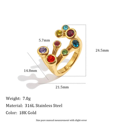 MamacitaSlay 316L Stainless Steel Multicolor CZ Branch Shape Open Ring 18K Gold Plated Waterproof Jewelry For Women Party Gift