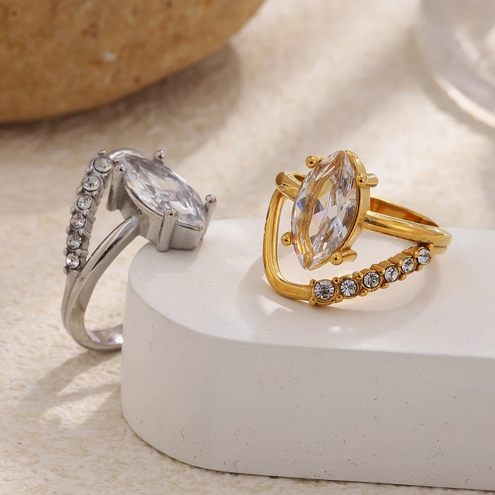 Mamacitaslay 316L Stainless Steel Pear Cut Zircon Geometric Ring 18K Gold Plated Waterproof Jewelry For Women Banquet Party Wear