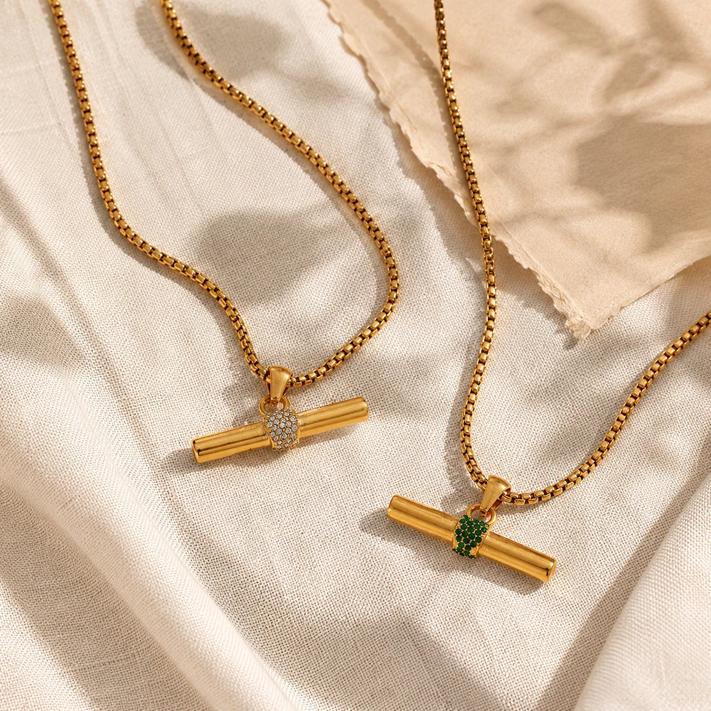 Inner Ziva Bohemian 316L Stainless Steel CZ Pendant T Bar Necklace 18K Gold Plated Waterproof Minimalist Jewelry For Women Men