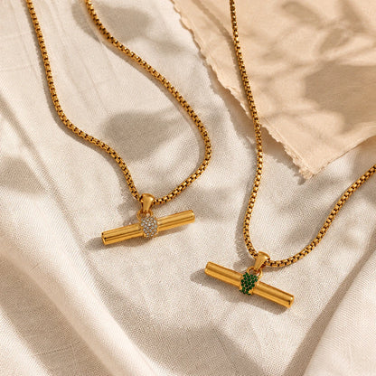 Inner Ziva Bohemian 316L Stainless Steel CZ Pendant T Bar Necklace 18K Gold Plated Waterproof Minimalist Jewelry For Women Men