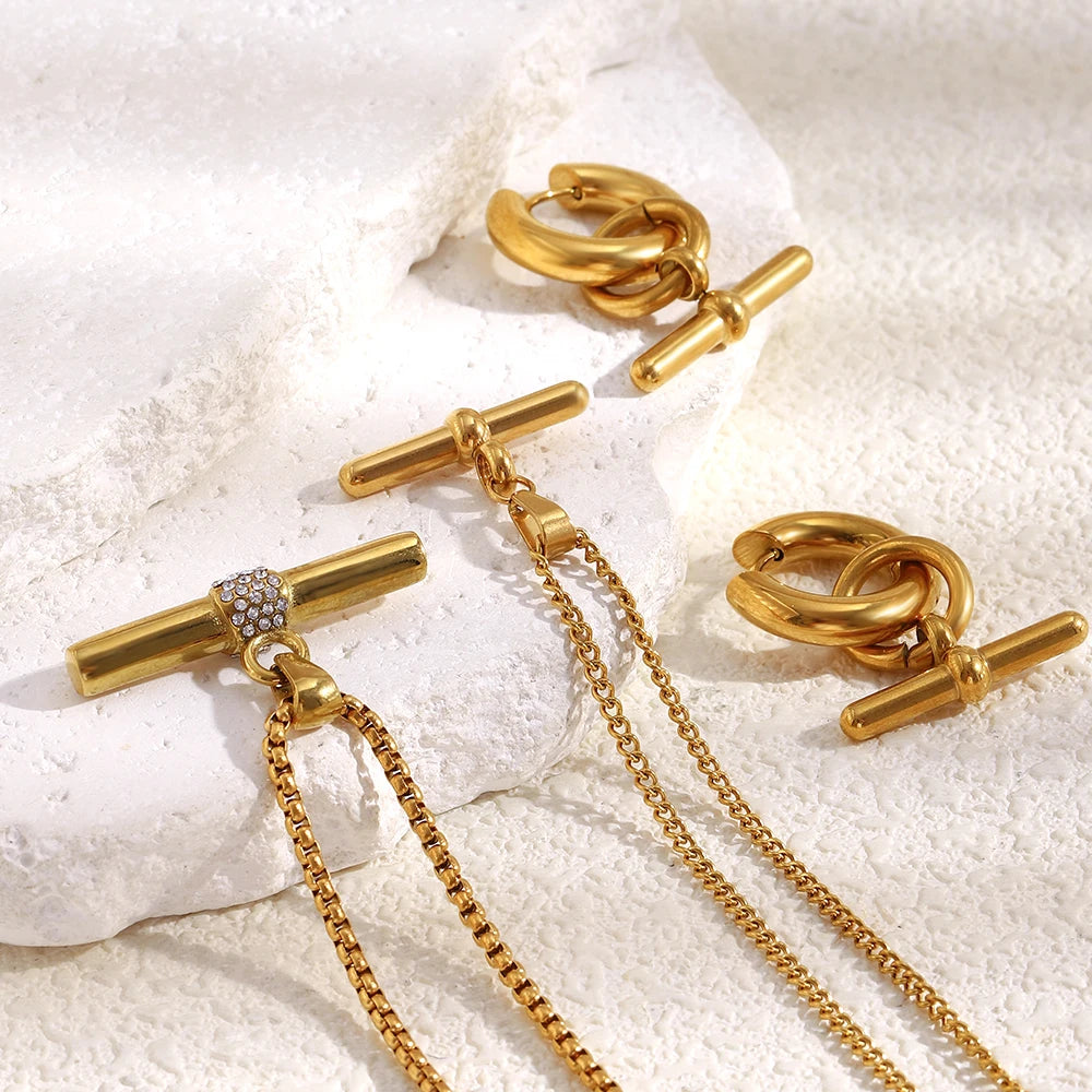 MamacitaSlay 316L Stainless Steel T-Bar Pendant Necklace Earrings Waterproof 18K Gold Plated Jewelry Women's Earrings Necklace