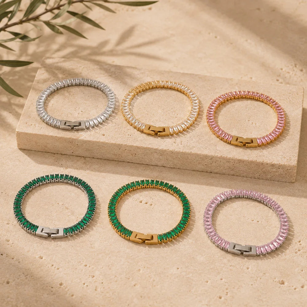 MamacitaSlay 316L Stainless Steel Baguette Zircon Bracelet 18K Gold Plated Waterproof Jewelry For Women Trend Stackable Bracelet