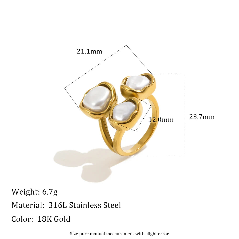 MamacitaSlay 316L Stainless Steel Baroque Pearl Irregular Open Ring 18K Gold Plated Waterproof Jewelry For Women Daily 2026 Gift