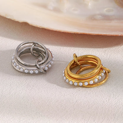 MamacitaSlay Elegant 316L Stainless Steel Pearl Three Layer Ring 18K Gold Plated Waterproof Jewelry Women's Charm Ring Gift 2025