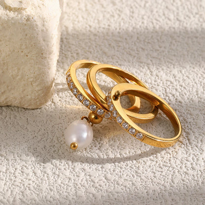 MamacitaSlay 316L Stainless Steel Baroque Pearl Zircon Ring 18K Gold Plated Waterproof Casual Statement Jewelry For Women Gift