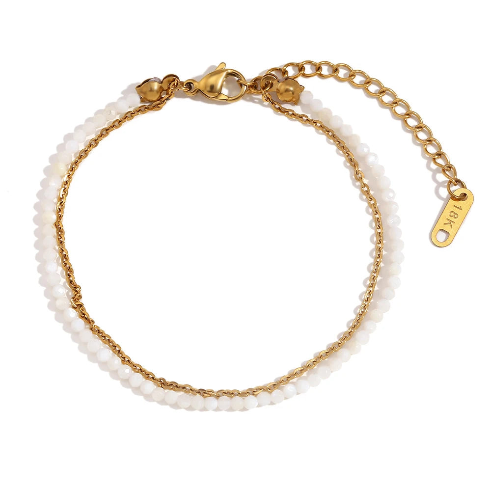 Mamacitaslay 316L Stainless Steel Natural Stone Beaded Thin Chain Bracelet Anklet Waterproof Everyday Jewelry For Women Gift