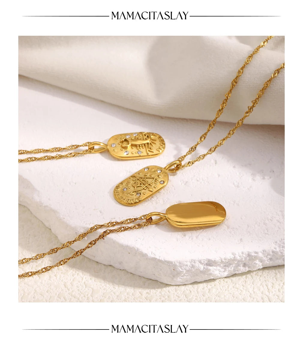 MamacitaSlay 316L Stainless Steel Zircon 12 Constellation Tarot Card Necklace 18K Gold Plated Waterproof Jewelry Women's Gifts