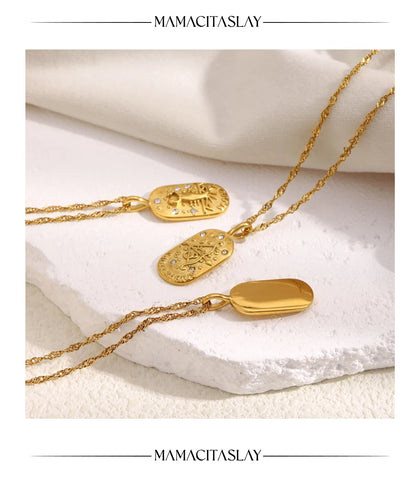 MamacitaSlay 316L Stainless Steel Zircon 12 Constellation Tarot Card Necklace 18K Gold Plated Waterproof Jewelry Women's Gifts