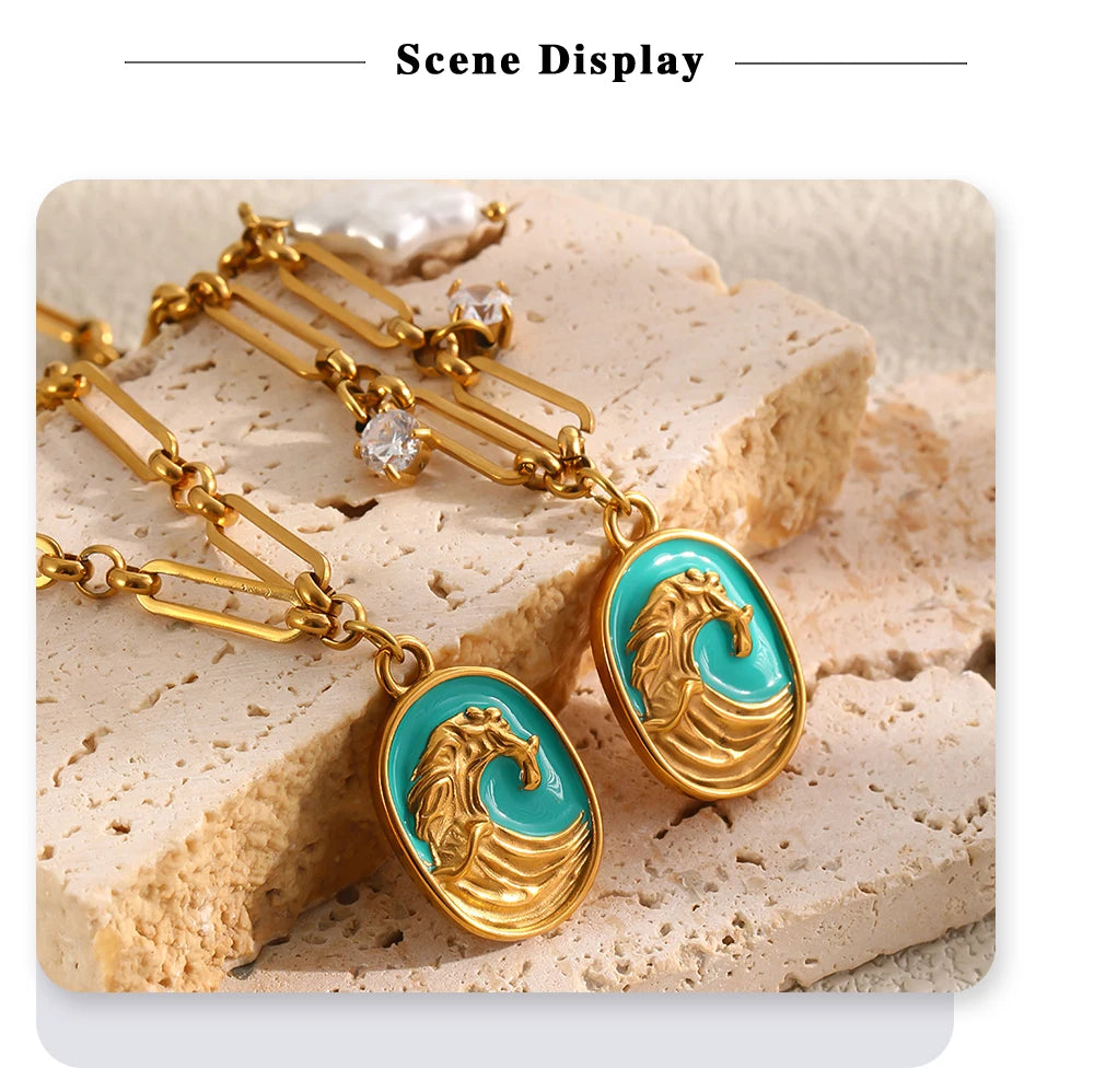 MamacitaSlay 316L Stainless Steel Baroque Pearl Enamel Pendant Bracelet Necklace 18K Gold Plated Waterproof Jewelry For Women